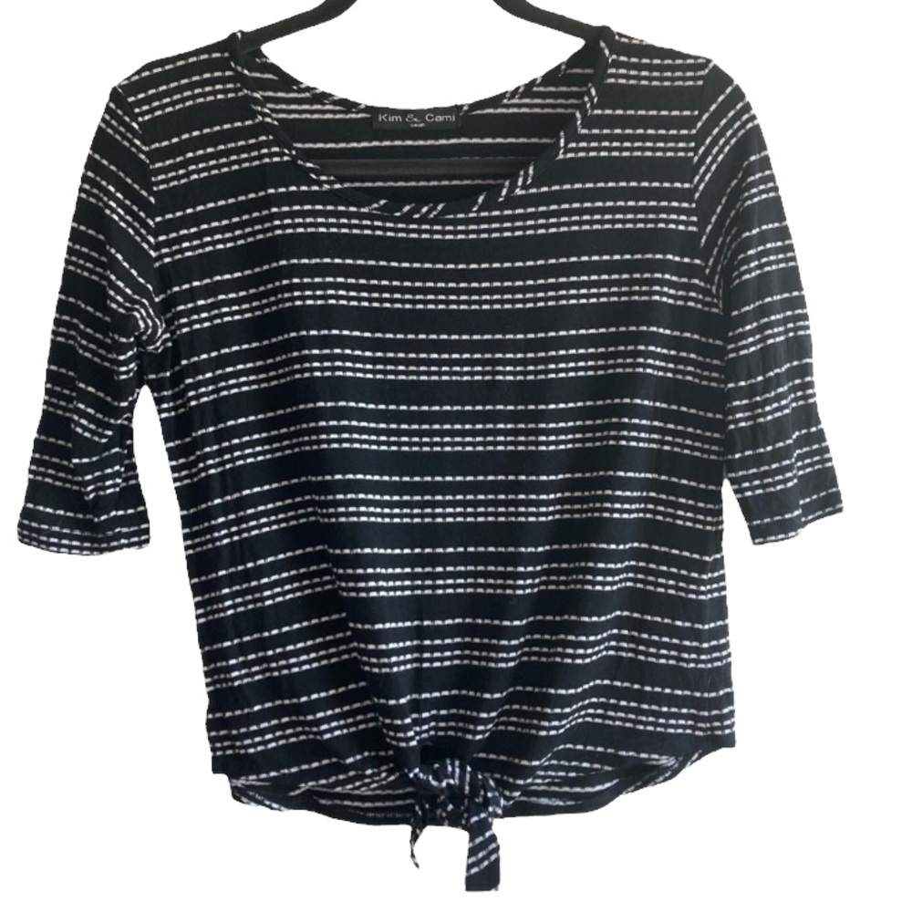Kim & Cami Retro Ribbed Crop Top Striped Tie Waist Size Small